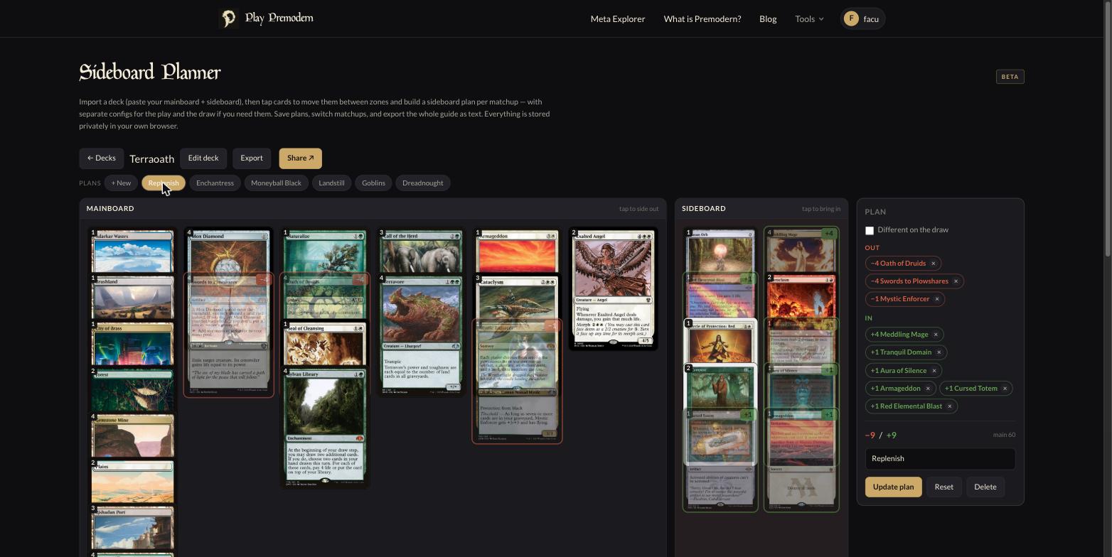 The Premodern Sideboard Planner with a deck loaded and a matchup plan showing cards out and in
